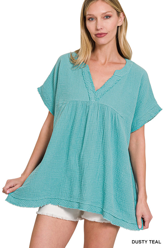 Zenana Double Gauze Raw Edge V-Neck Tank