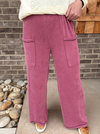 Dark Mauve Two Toned Ribbed Side Pocket Wide Leg Pants