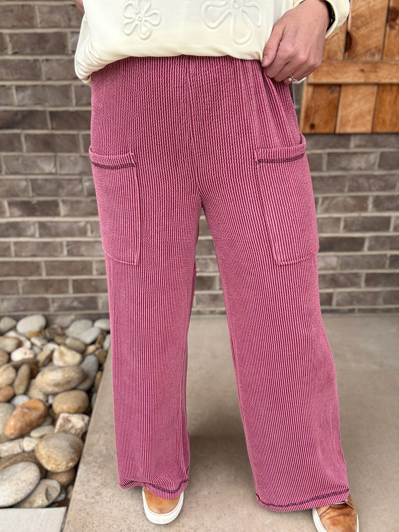 Dark Mauve Two Toned Ribbed Side Pocket Wide Leg Pants