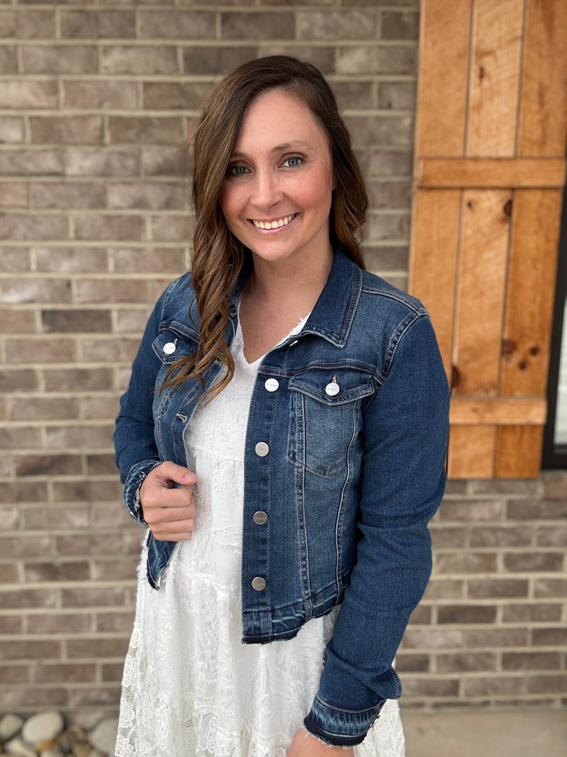 Dark Wash Denim Jacket with Distressed Hem Detail by Risen Jeans