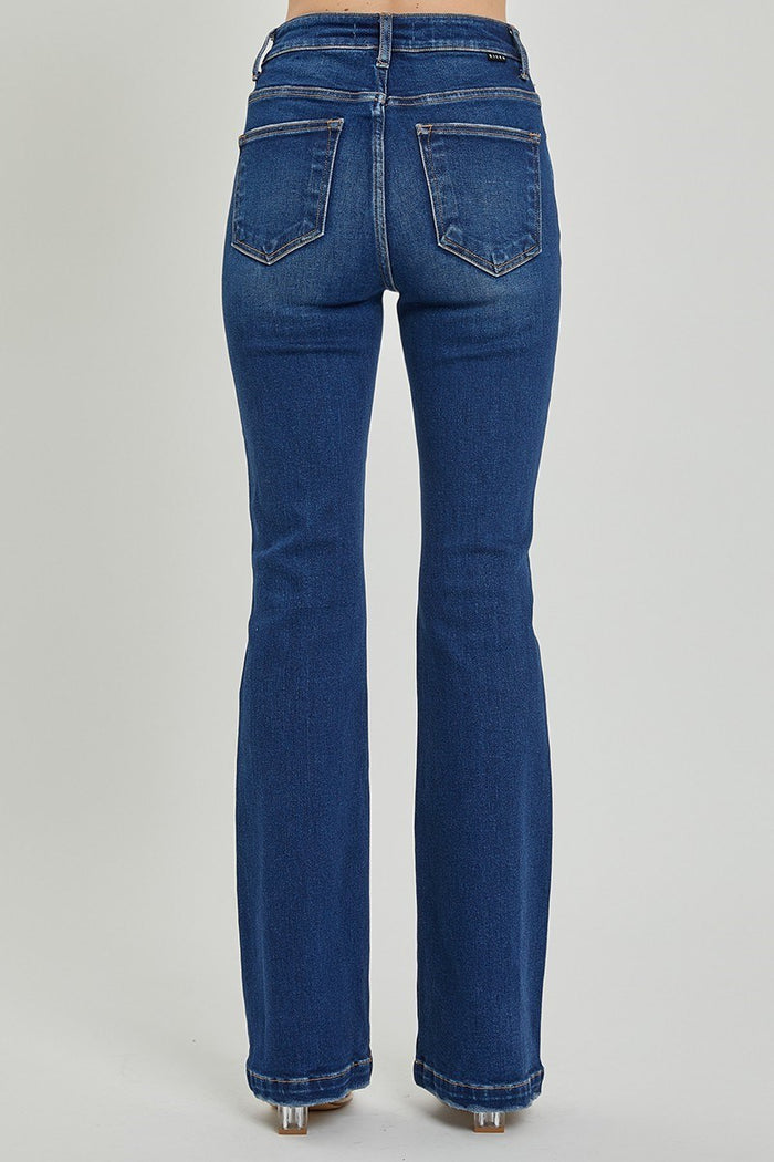 2286- Dark Wash High Rise Bootcut Flare Button Down Jeans