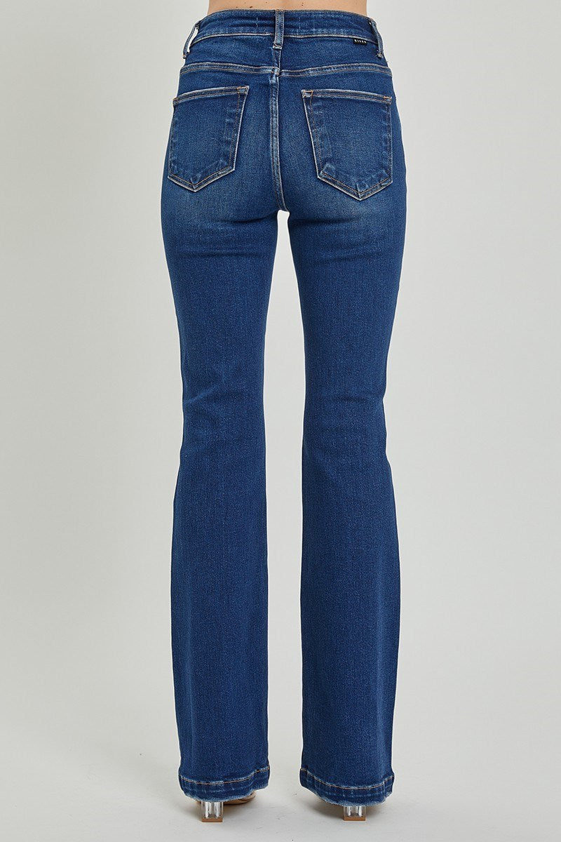 2286- Dark Wash High Rise Bootcut Flare Button Down Jeans