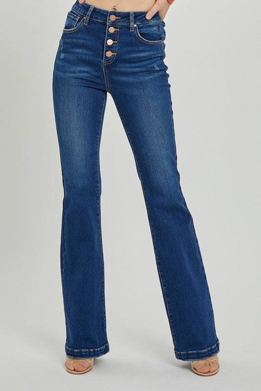 2286- Dark Wash High Rise Bootcut Flare Button Down Jeans