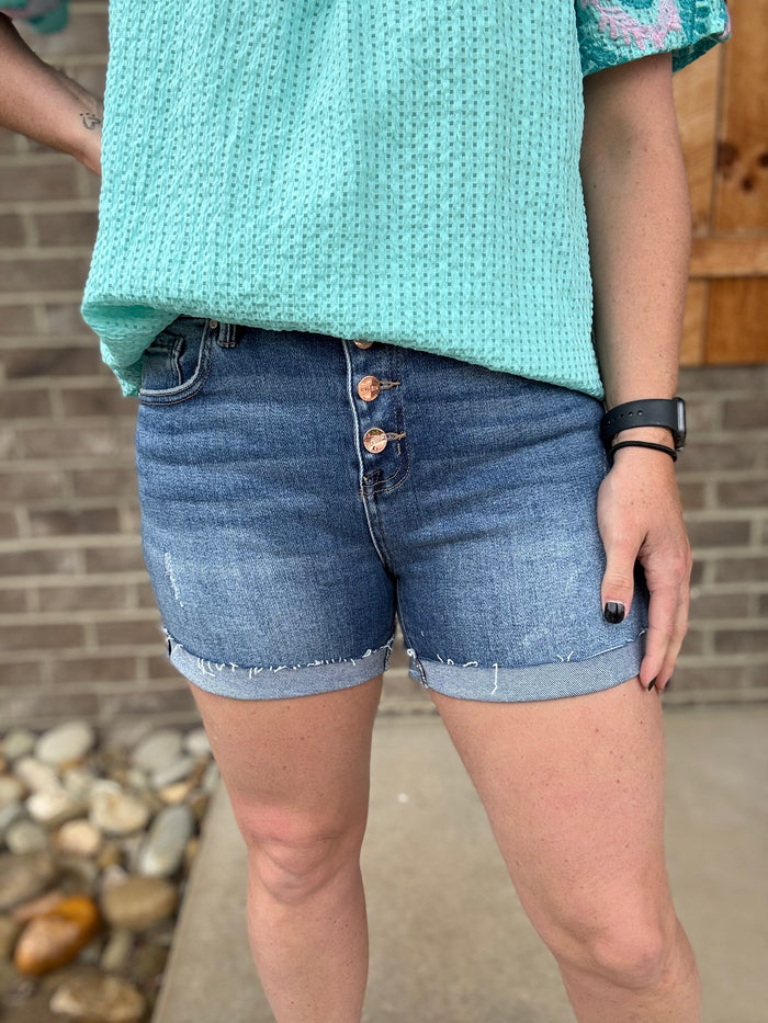 Dark Wash High Rise Button Down Turn Up Cuff Shorts by Risen