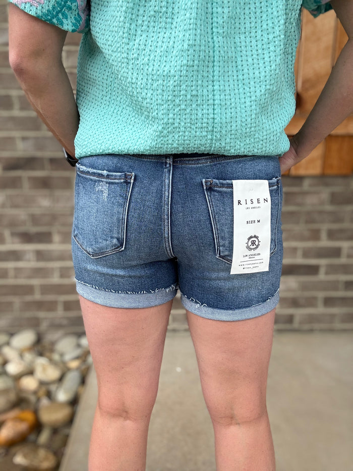 Dark Wash High Rise Button Down Turn Up Cuff Shorts by Risen