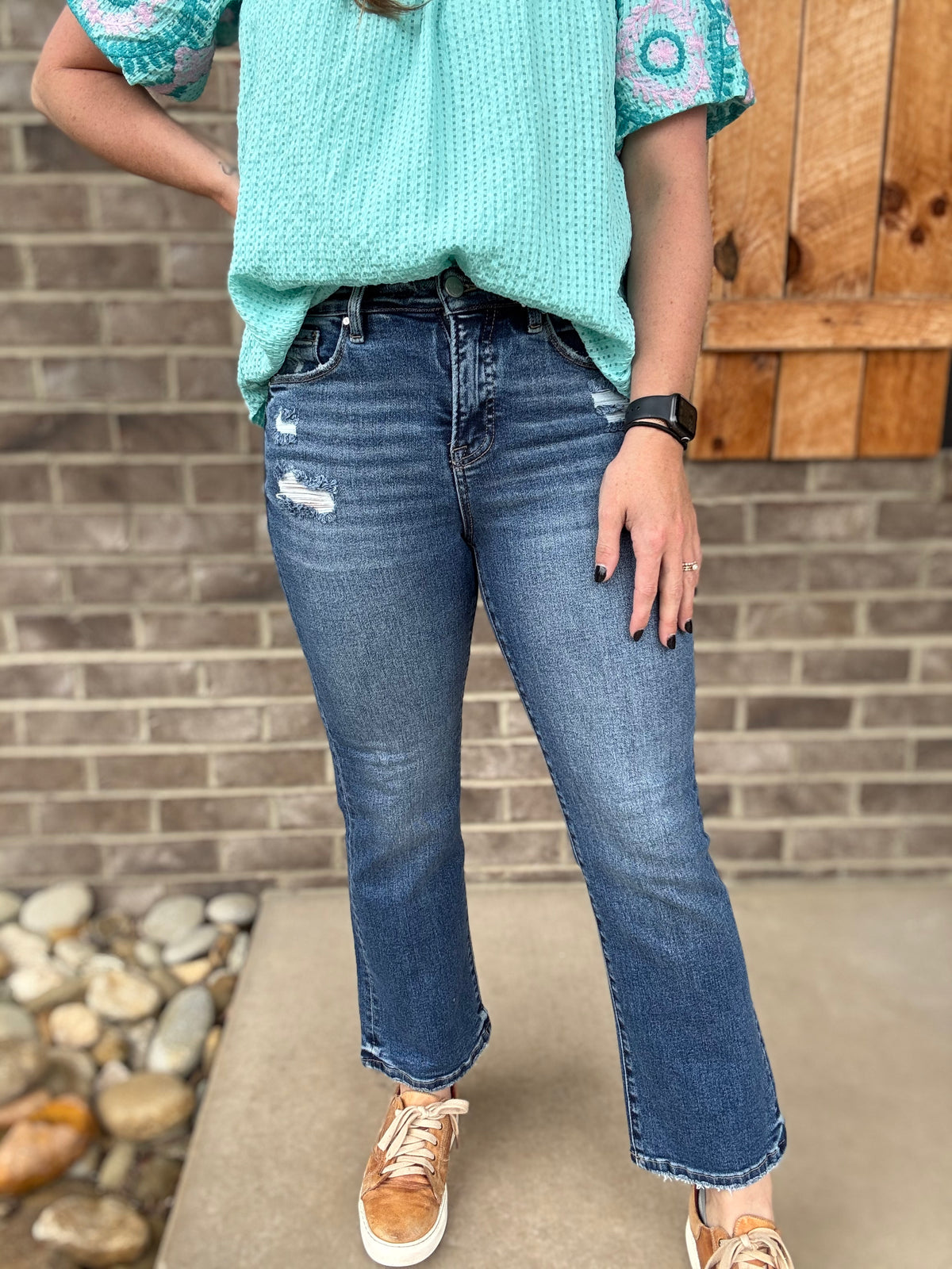 Dark Wash Tummy Control High Rise Crop Bootcut Jeans by Risen