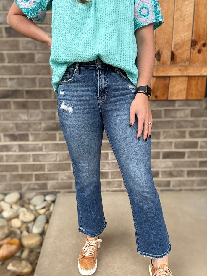 Dark Wash Tummy Control High Rise Crop Bootcut Jeans by Risen