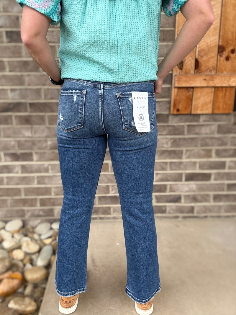 Dark Wash Tummy Control High Rise Crop Bootcut Jeans by Risen