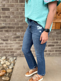 Dark Wash Tummy Control High Rise Crop Bootcut Jeans by Risen