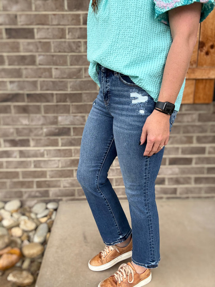 Dark Wash Tummy Control High Rise Crop Bootcut Jeans by Risen
