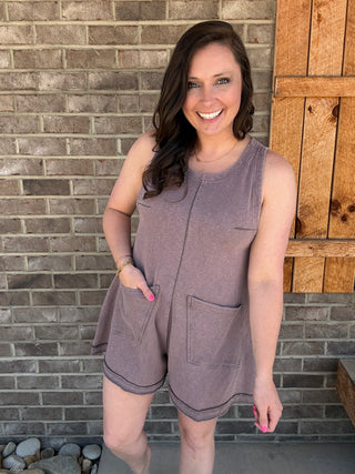 Dark Grey Washed Pocket Romper by Simply Southern