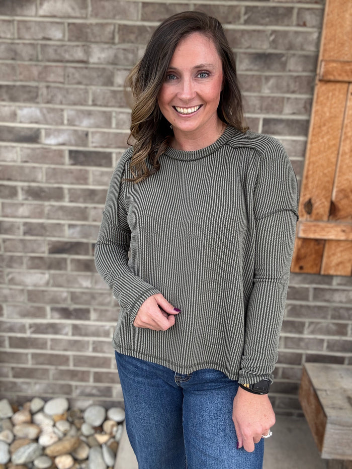 Dark Olive Raised Rib Raw Edge Boat Neck Long Sleeve Top by Zenana