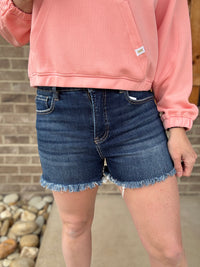 Dark Wash Tummy Control Frey Hem Shorts by Risen Jeans