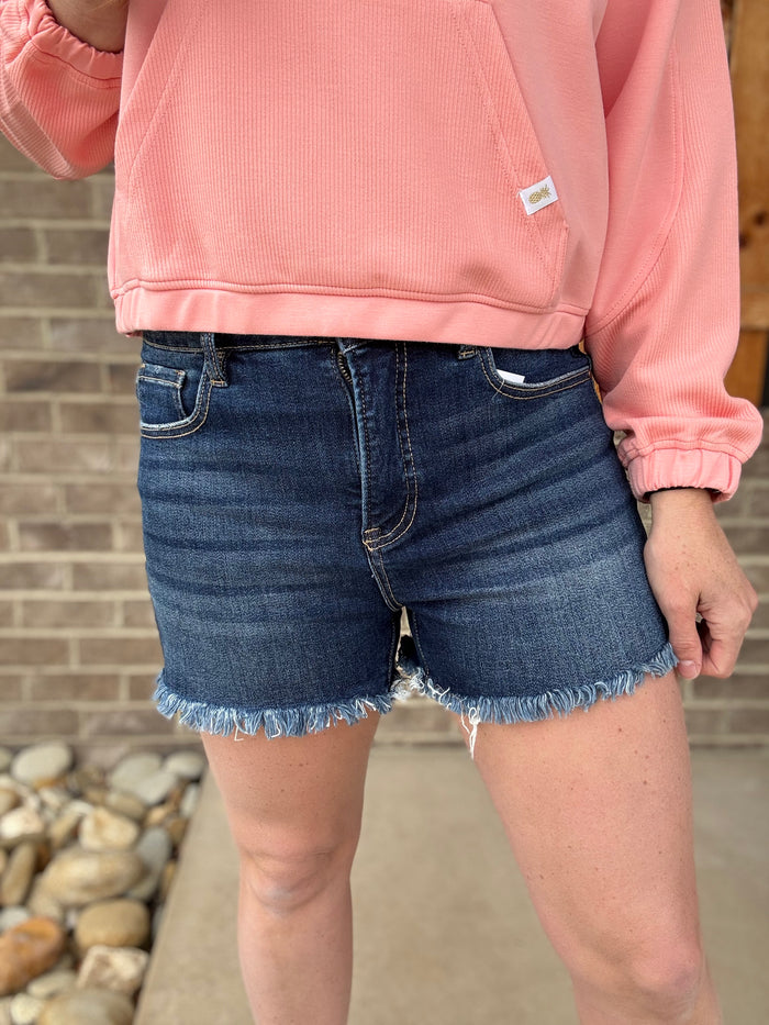 Dark Wash Tummy Control Frey Hem Shorts by Risen Jeans