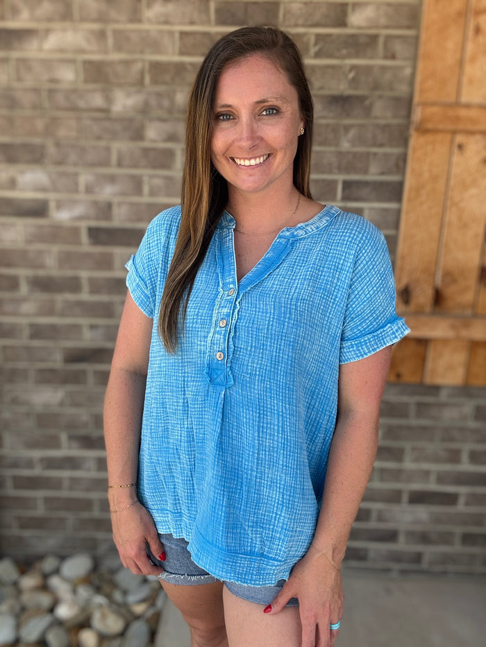 Deep Sky Washed Gauze 3/4 Henley Button Down Short Sleeve Top
