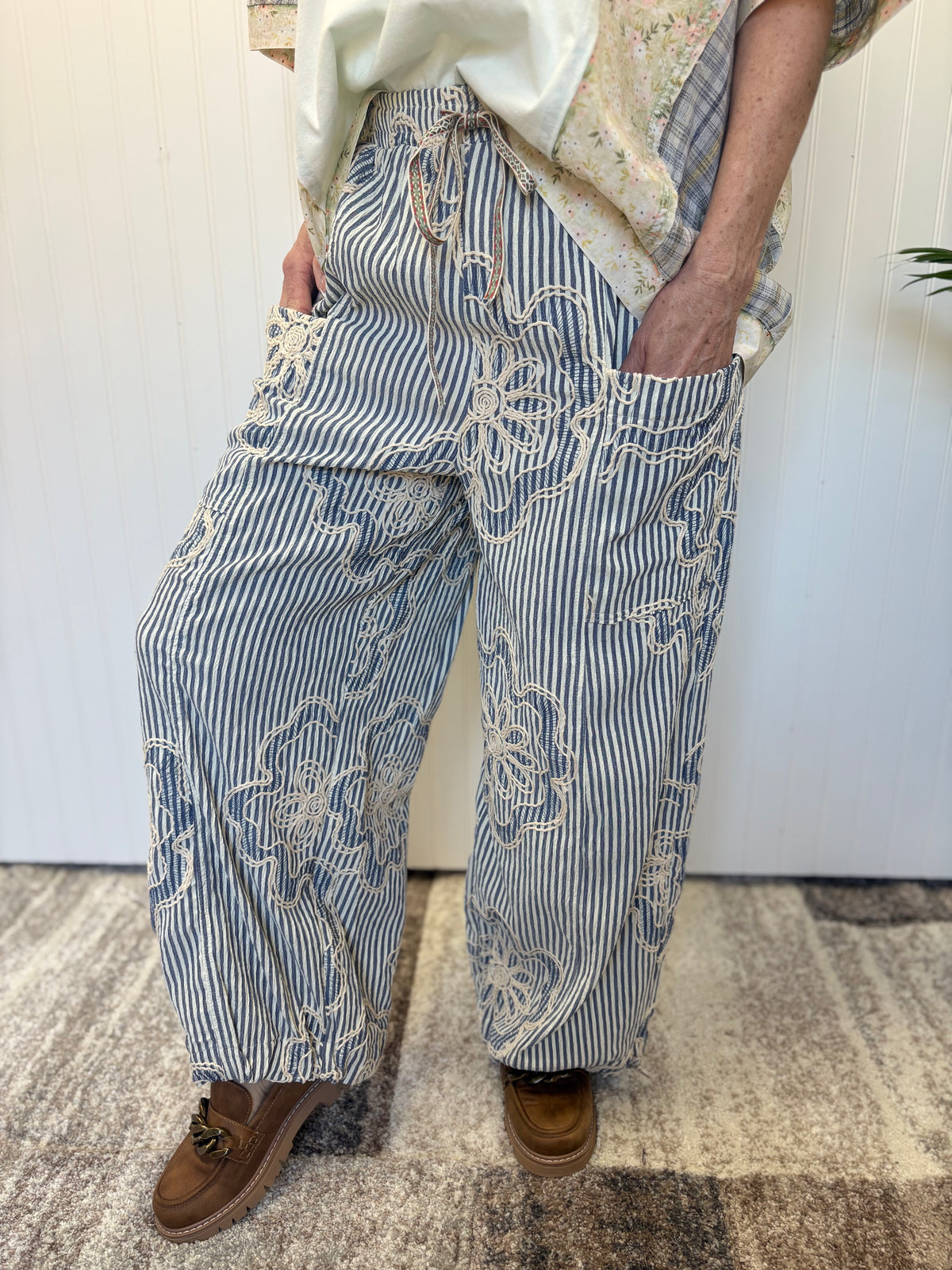 Denim Blue Embroidered Stripe Woven Pants by Easel
