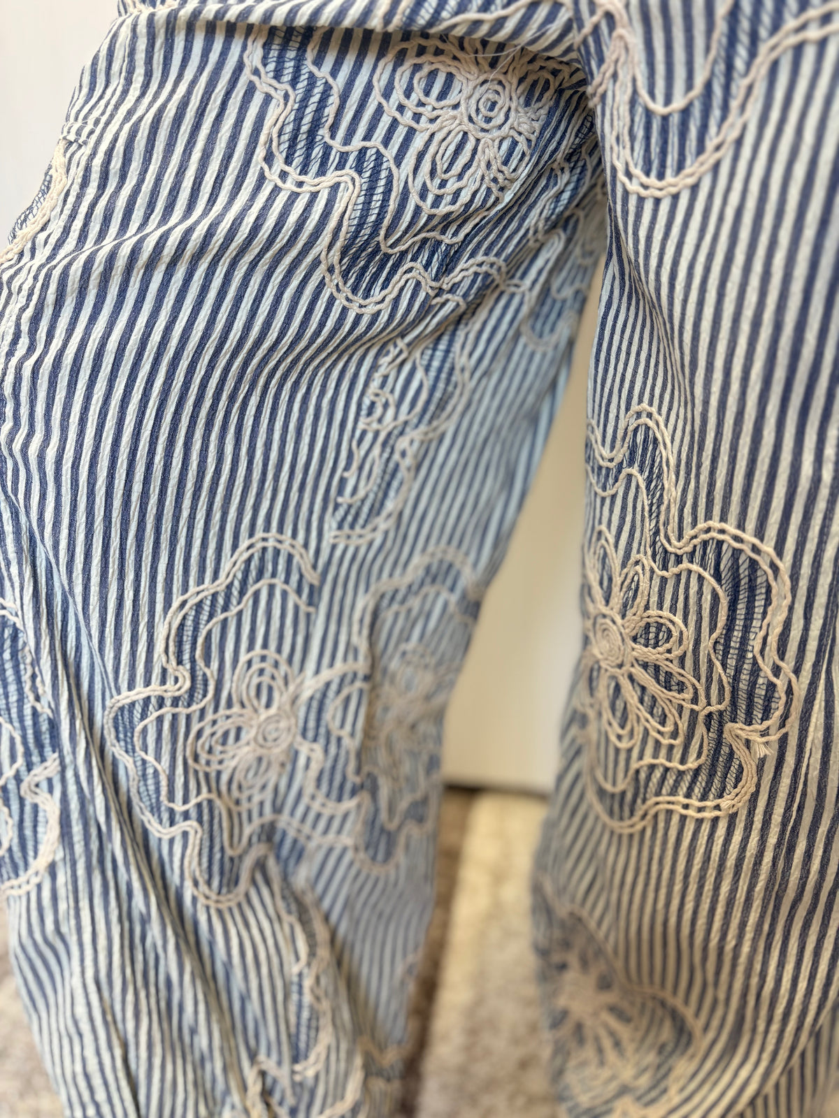 Denim Blue Embroidered Stripe Woven Pants by Easel