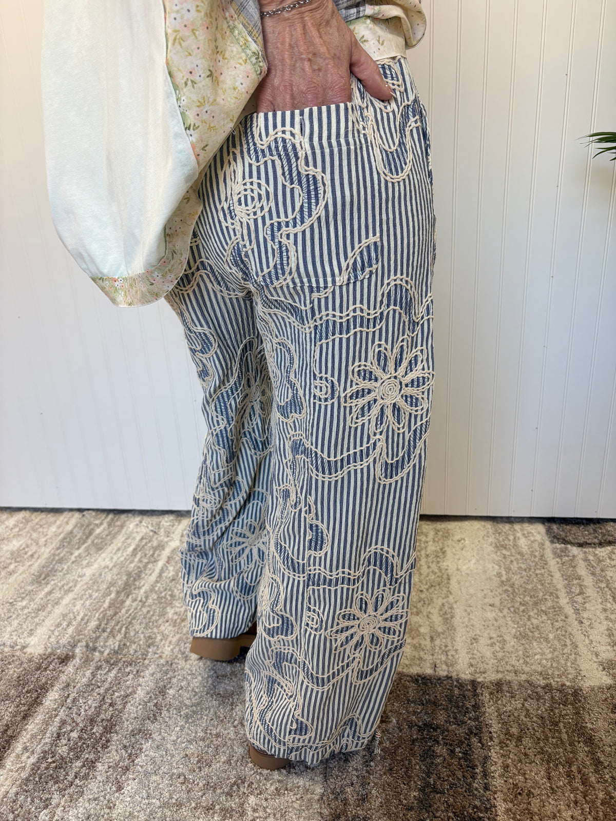 Denim Blue Embroidered Stripe Woven Pants by Easel