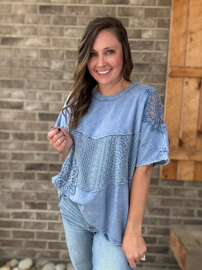 Denim Blue Mineral Washed Lace Crochet Sleeve Top by J. Her