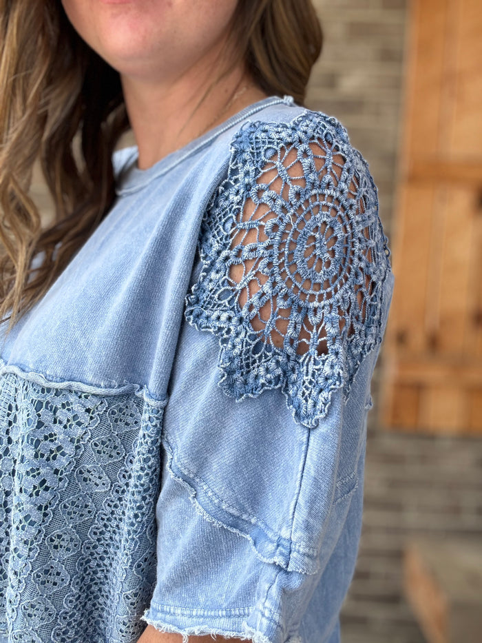 Denim Blue Mineral Washed Lace Crochet Sleeve Top by J. Her