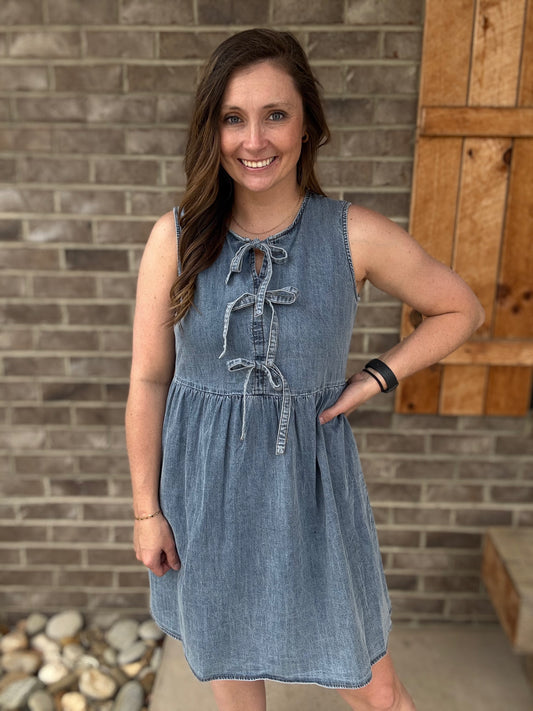 Denim Blue Sleeveless Front Bow Tie Mini Dress