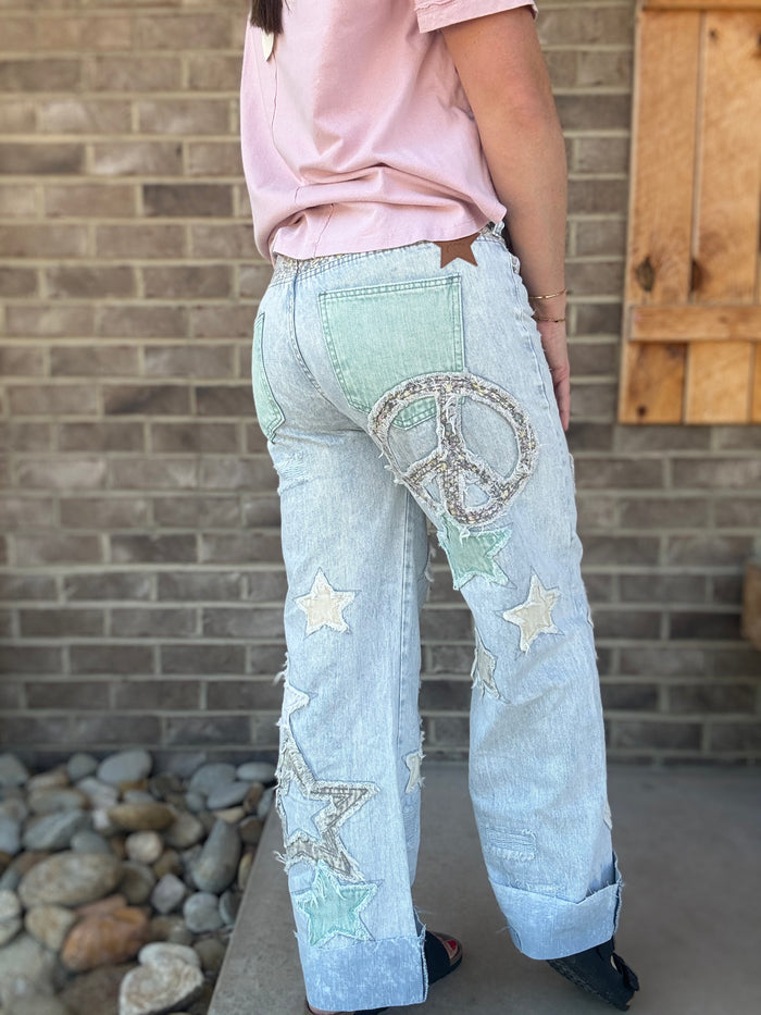 Denim Blue Super Star Peace Patch Jeans by Oli & Hali