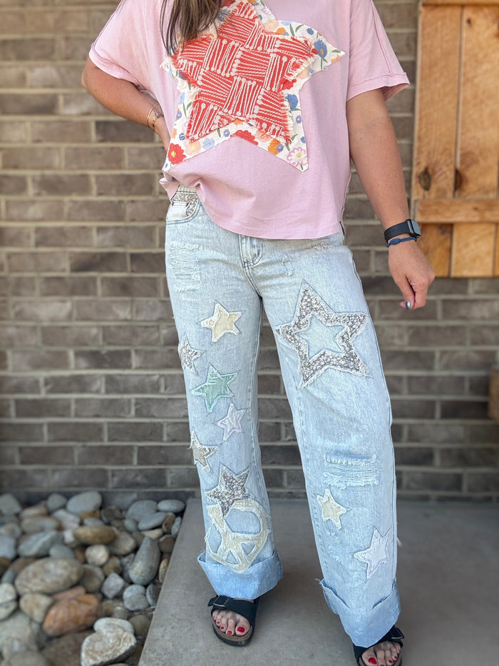 Denim Blue Super Star Peace Patch Jeans by Oli & Hali