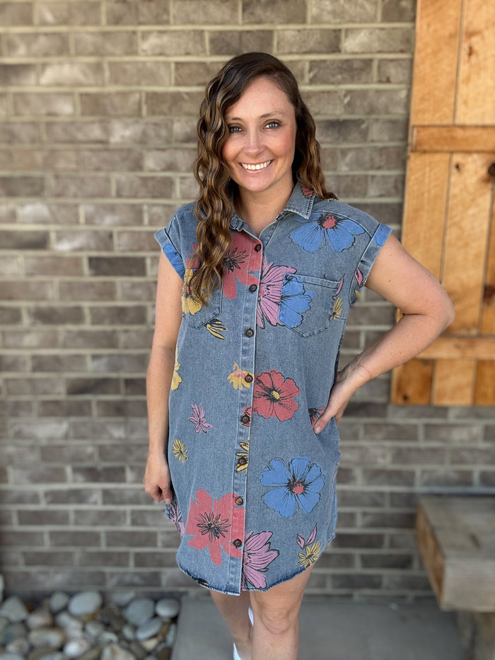 Denim Dress w/ Folded Cuff Button Down Collared Flowers