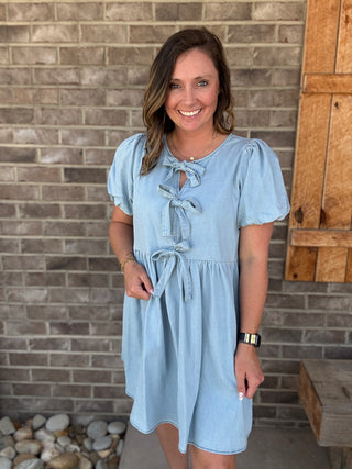 Denim Puff-Sleeve Fit-and-Flare Bow-Tie Denim Dress by Sage + Fig