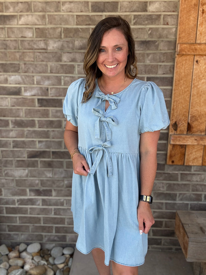Denim Puff-Sleeve Fit-and-Flare Bow-Tie Denim Dress by Sage + Fig