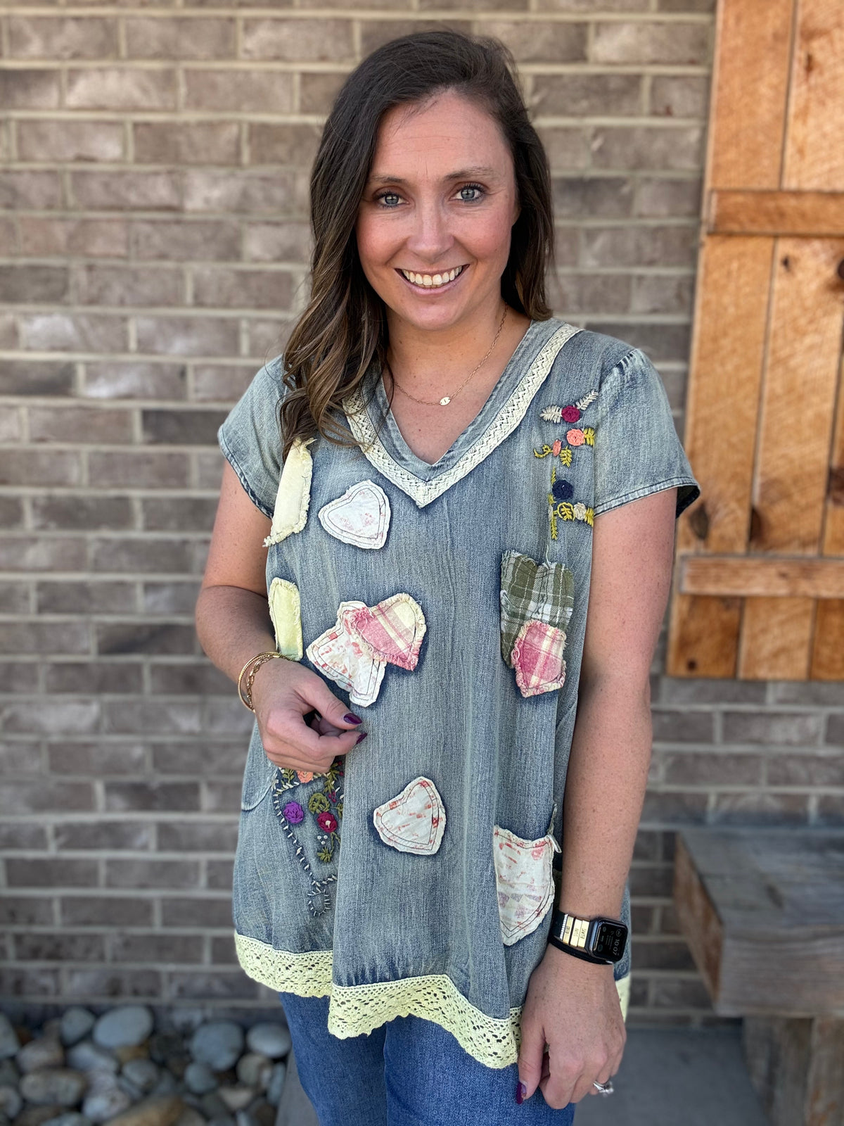 Denim Tencel Heart Patch Chambray Top by BlueVelvet