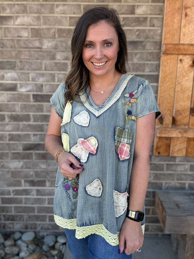 Denim Tencel Heart Patch Chambray Top by BlueVelvet