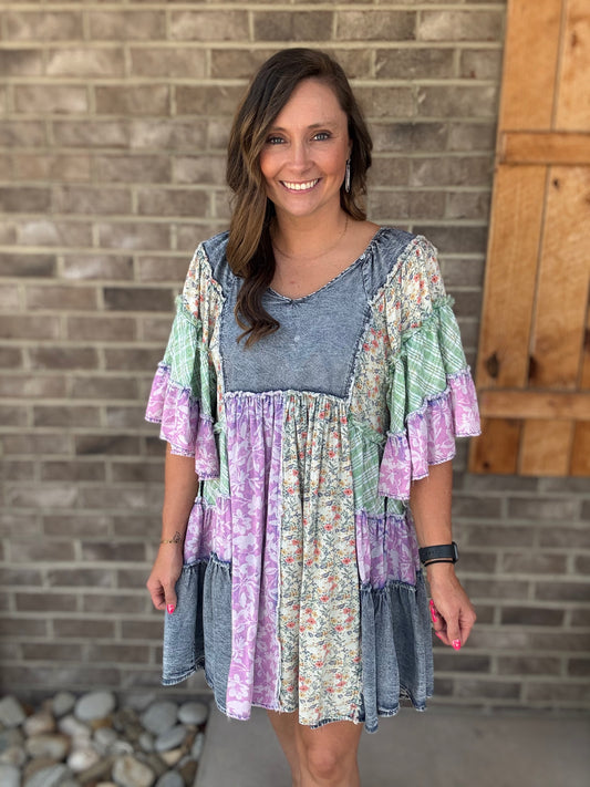 Denim Washed Mix Printed Tiered Ruffle Tunic Top by Oli & Hali