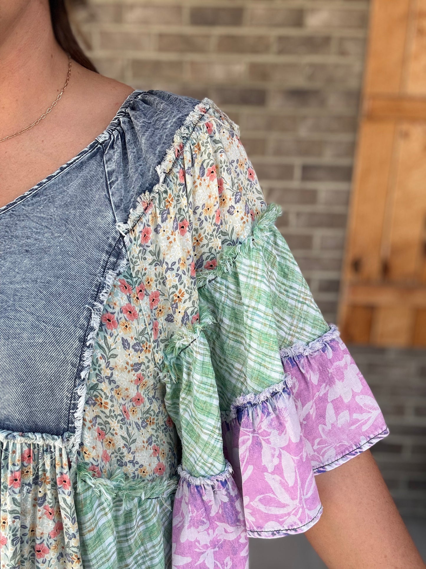 Denim Washed Mix Printed Tiered Ruffle Tunic Top by Oli & Hali