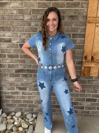 Denim Washed Short Sleeve Star Jumper by Oli & Hali