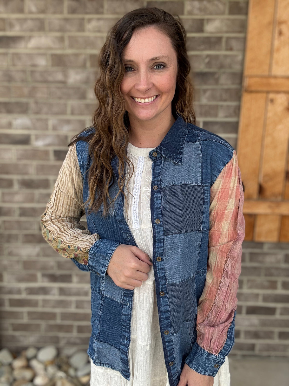 Denim Western Boho Chic: Patchwork Denim Buttondown Shirt by Young Threads