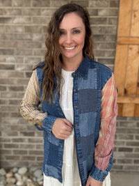 Denim Western Boho Chic: Patchwork Denim Buttondown Shirt by Young Threads