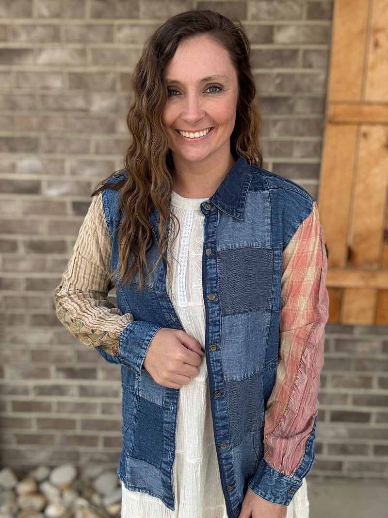 Denim Western Boho Chic: Patchwork Denim Buttondown Shirt by Young Threads