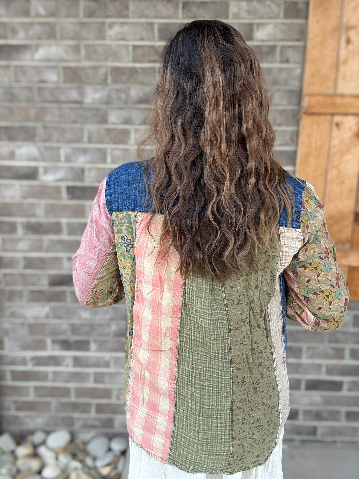Denim Western Boho Chic: Patchwork Denim Buttondown Shirt by Young Threads