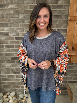 Denim/Black/Rust Round Neck Patchwork Poncho Top by Haptics