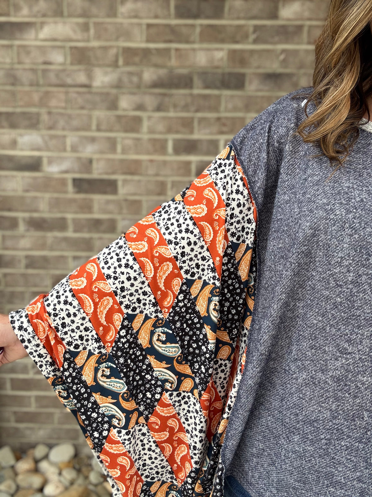 Denim/Black/Rust Round Neck Patchwork Poncho Top by Haptics