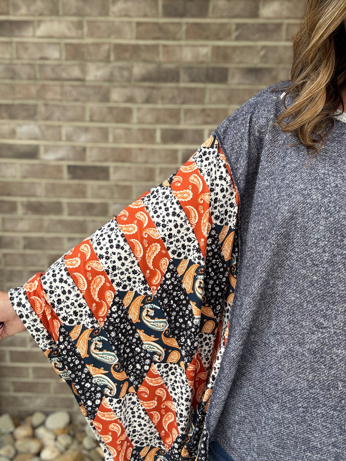 Denim/Black/Rust Round Neck Patchwork Poncho Top by Haptics