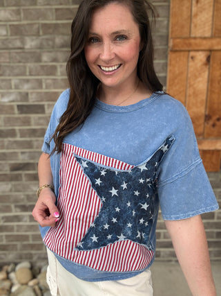 Denim Blue Americana Patched T-Shirt Top by J. Her