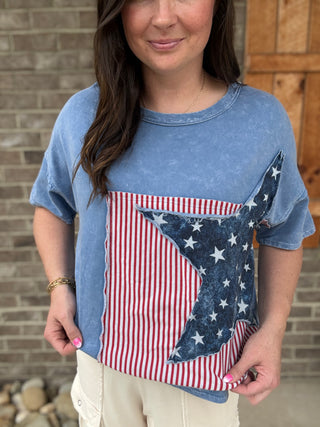 Denim Blue Americana Patched T-Shirt Top by J. Her