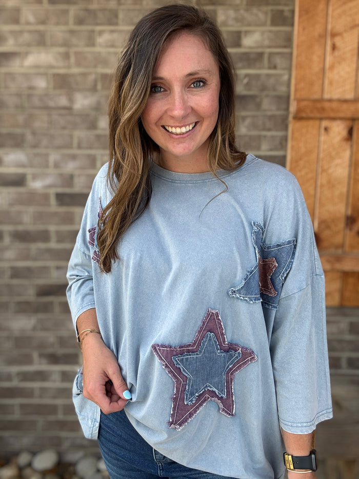 Denim Blue Mineral Washed Star Patch Boxy Top by Easel