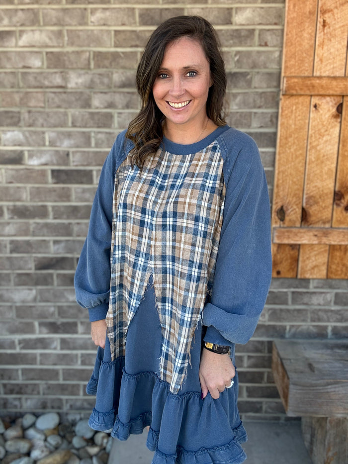 Denim Blue Plaid Mix Washed Terry Dress by Easel