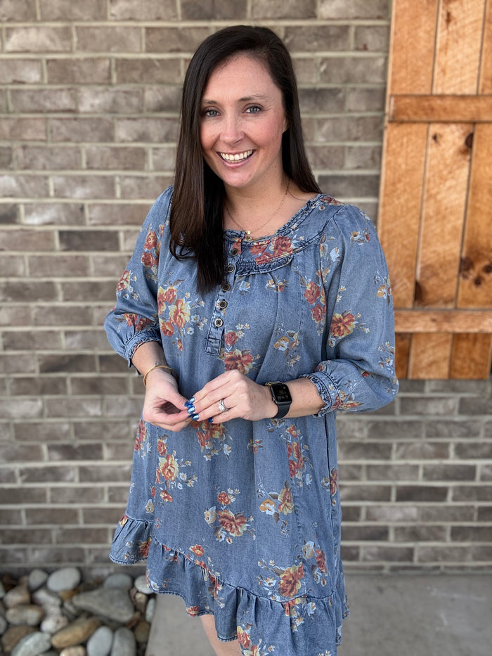 Denim Floral Printed Washed Chambray Ruffle Dress by Easel