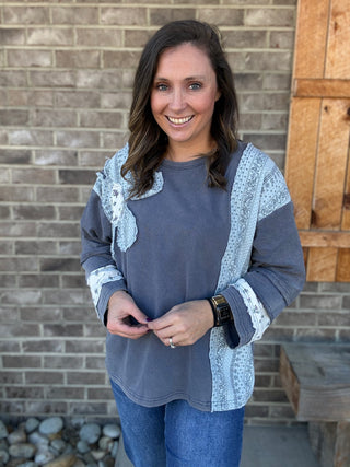 Denim French Terry Patchwork Sleeve Pullover by Umgee