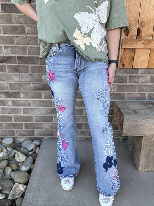 8544- Denim w/ Pink Combo Washed Flower Embroidery Denim Pants By Oli & Hali