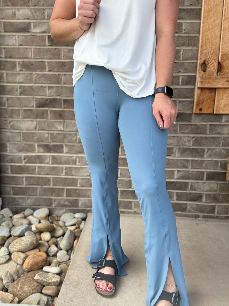 Dusty Blue Front Split Flared Yoga Pant by Rae Mode